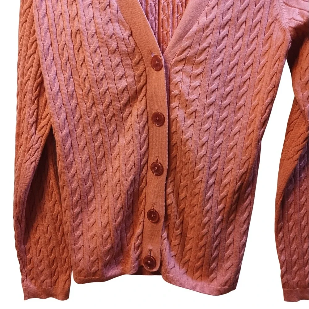 Talbots Petites Cable Knit Cardigan Sz M Coral Button‎ Sweater Preppy Layers